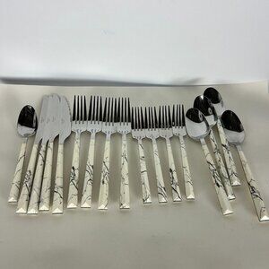 Tomodachi Hampton Dali Marble White Flatware Set for 4, 17 Pieces